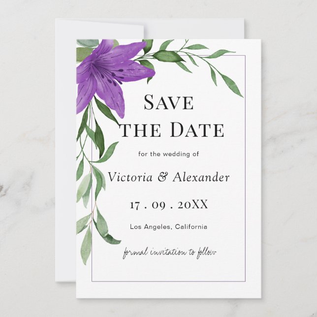 Save The Date Elégant couleur violet Mariage floral (Devant)