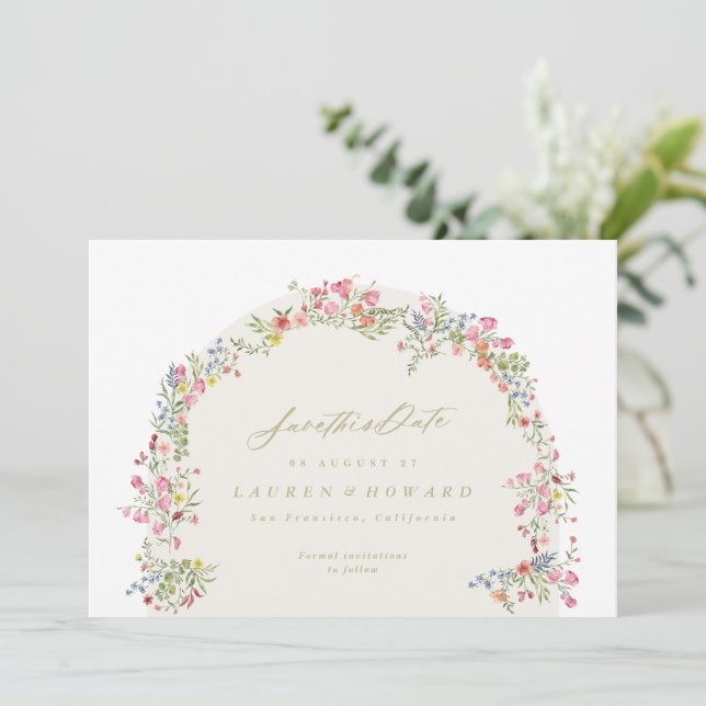 Save The Date élégant dainty arche florale printemps photo de ma (Debout devant)
