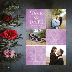 Save The Date Elegant Damask Three Photo Collage Magenta