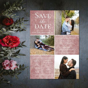 Save The Date Elegant Damask Three Photo Collage   Rose