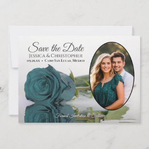 Save The Date Elégant Dark Aqua Rose Turquoise Oval Photo Mariag