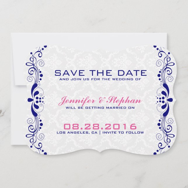 Save The Date Élégant dentelle de couleur bleu-Royal (Devant)