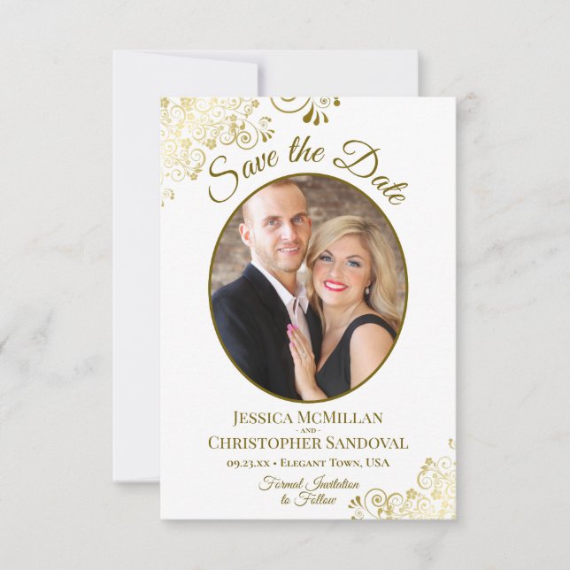 Save The Date Elégant dentelle or Oval Photo classique Mariage b (Devant)