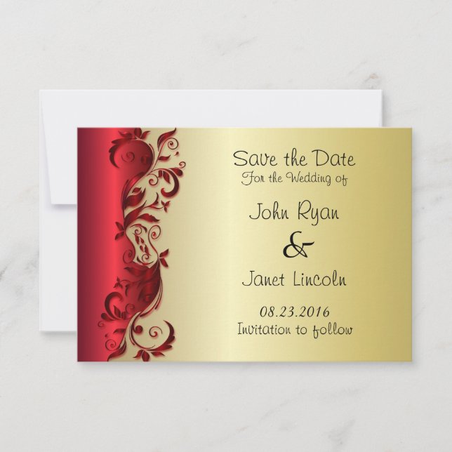 Save The Date Elégant design Mariage rouge et or (Devant)