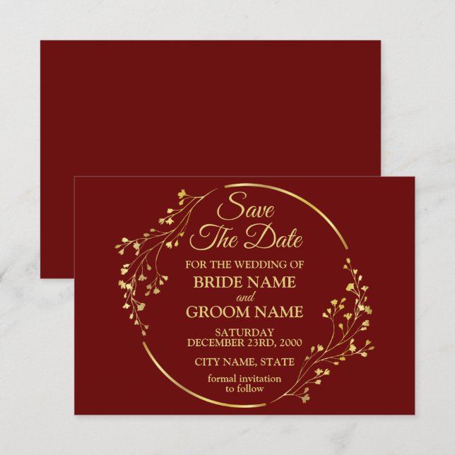 Save The Date Elégant doré Floral géométrique couronne rouge (Devant / Derrière)