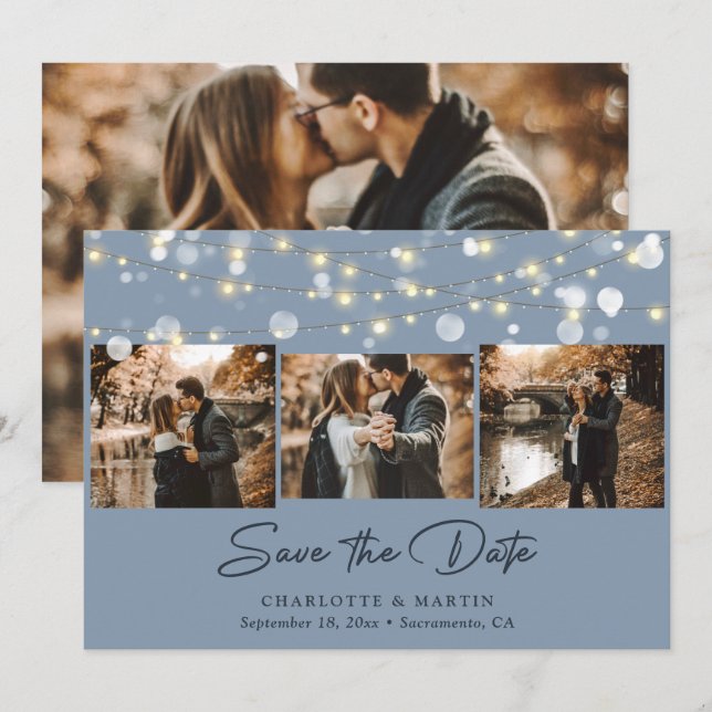 Save The Date Elégant Dusty Blue Mariage 4 Photo Enregistrer la  (Devant / Derrière)