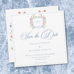 Save The Date Elegant Dusty Blue Pastel Wildflower Crest Wedding