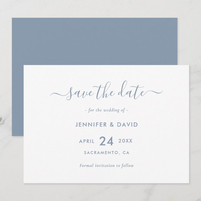 Save The Date Elégant Dusty Blue Script Wedding Enregistrer La D (Devant / Derrière)