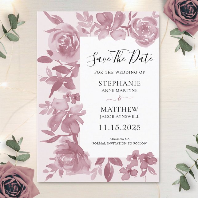 Save The Date Elégant Dusty Rose aquarelle Mariage floral (Créateur téléchargé)