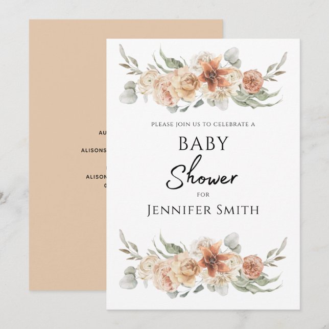 Save The Date élégant élégant baby shower de fleurs rose pêche (Devant / Derrière)