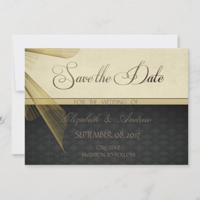 Save The Date Elégant élégant Black Mariage damassé Enregistrer  (Devant)