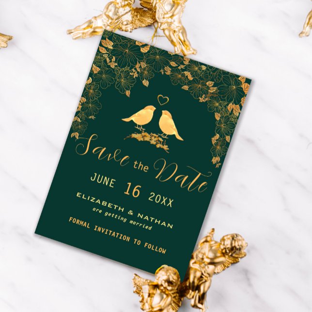 Save The Date Élégant Emerald Green & Gold Floral Birds Économis (Créateur téléchargé)