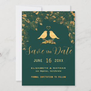 Save The Date Élégant Emerald Green & Gold Floral Birds Économis
