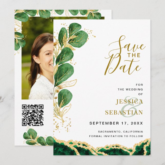 Save The Date Élégant Emeraude Et Or Agate Mariage Eucalyptus (Devant / Derrière)