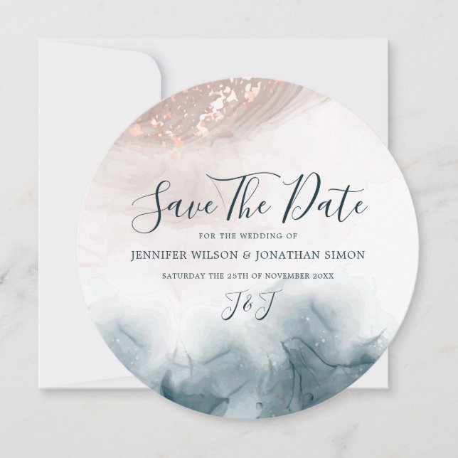 Save The Date Élégant Encre Alcoolique Doré Blush Bleu Minimalis (Devant)