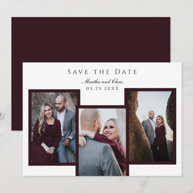 Save The Date Élégant Enregistrer la date 3 Photo Collage Red Ch (Devant / Derrière)