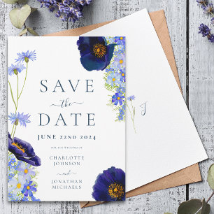 Save The Date Élégant Été Floral Bleu Mariage Enregistrer La Dat