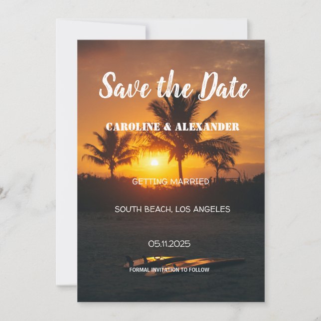 Save The Date Élégant été Sunset Beach Mariage tropical Économis (Devant)