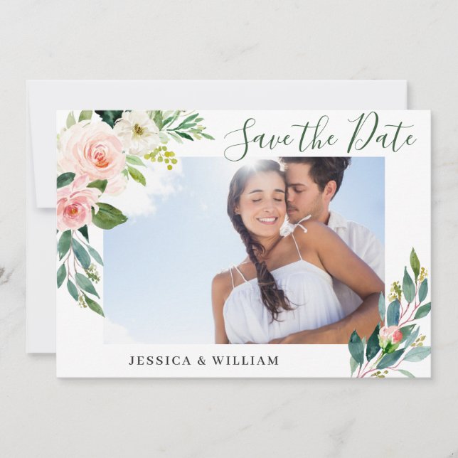 Save The Date Elégant Eucalyptus Blush Rose Flower Mariage PHOTO (Devant)