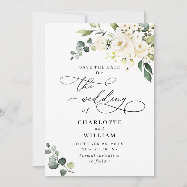 Save The Date Elégant Eucalyptus Roses Blanches Mariage Floral (Devant)