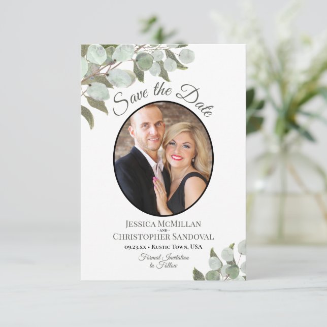 Save The Date Elégant Eucalyptus Verdure & Photo Mariage blanc (Debout devant)