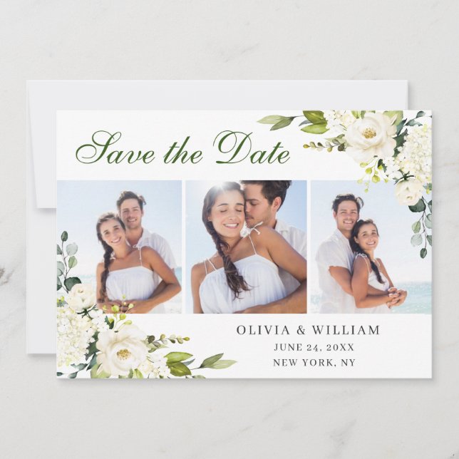 Save The Date Elegant Eucalyptus White Roses Wedding 3 PHOTO (Devant)