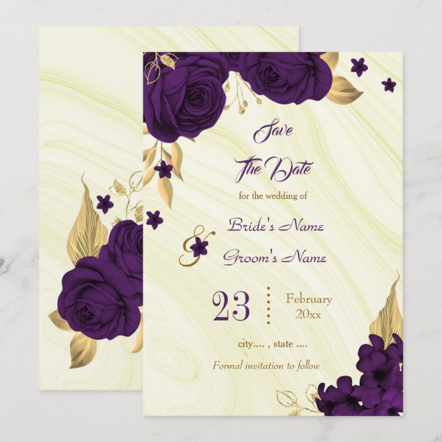 Save The Date élégant feuille royal violet or floral (Devant / Derrière)