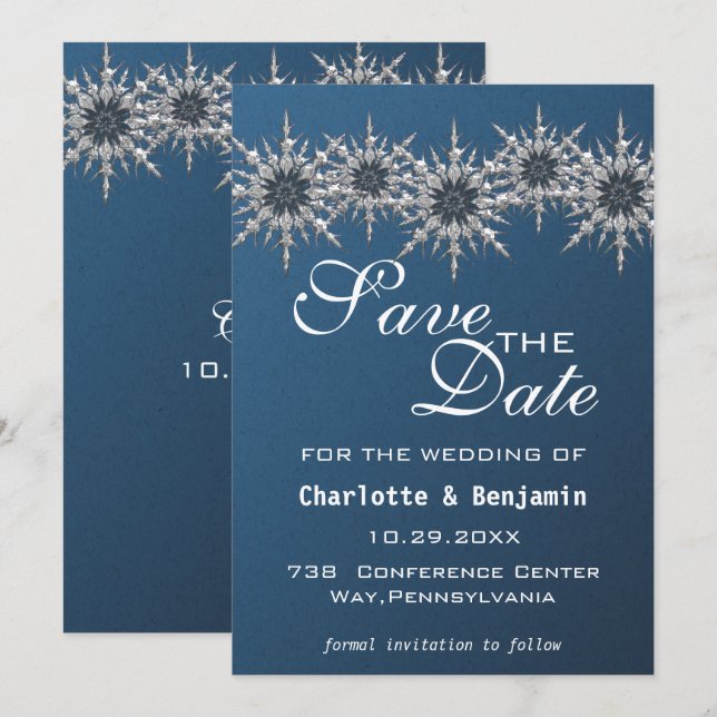 Save The Date Élégant Fléau de neige bleu marine Argent Enregist (Devant / Derrière)