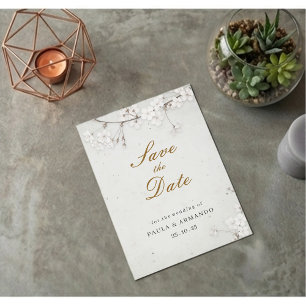Save The Date Élégant Fleur de Cerisier Blanche & Écriture Dorée