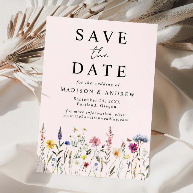 Save The Date Élégant Fleur sauvage Meadow Blush Pink Mariage (Créateur téléchargé)