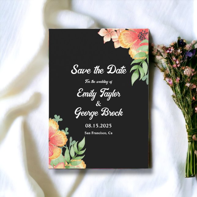 Save The Date Élégant Fleur sauvage romantique Black Floral Mari (Créateur téléchargé)