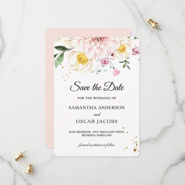 Save The Date Élégant floral aquarelle rose et jaune (Devant/Arrière en situation)