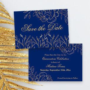 Save The Date Élégant floral artistique bleu royal et or