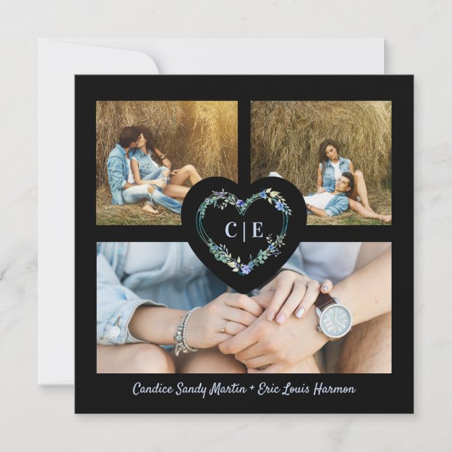 Save The Date Elégant Floral Blue Heart 3 Photos Instant Engagé (Devant)