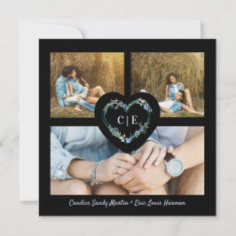 Save The Date Elégant Floral Blue Heart 3 Photos Instant Engagé