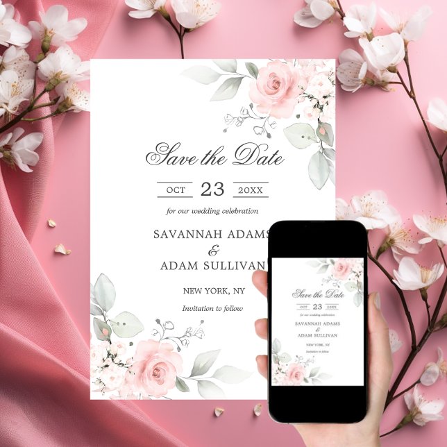 Save The Date Élégant floral Blush Rose rose Botanique (Elegant Floral Blush Rose Pink Botanical Save The Date)