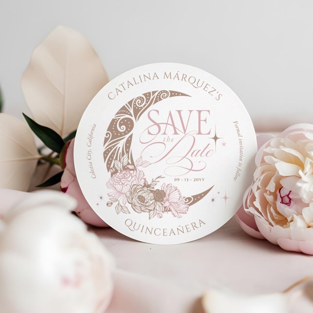 Save The Date Élégant floral céleste étoile de lune Quinceanera (Elegant Floral Celestial Moon Stars Quinceanera Save The Date)