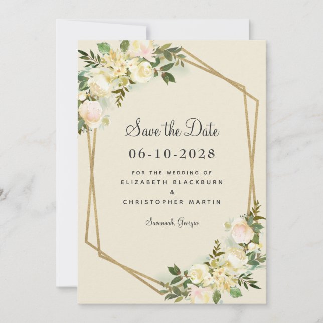 Save The Date Élégant Floral Chic Gold Mariage Rose (Devant)