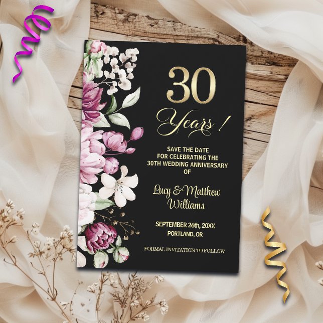 Save The Date Elegant Floral Gold 30th Wedding Anniversary   (Créateur téléchargé)