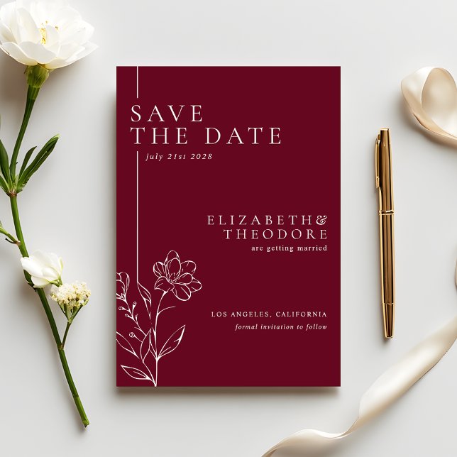 Save The Date Elegant Floral Line Art Burgundy Wedding (Créateur téléchargé)