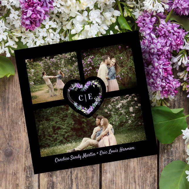 Save The Date Élégant Floral Purple Heart 3 Photos Fiançailles (Créateur téléchargé)