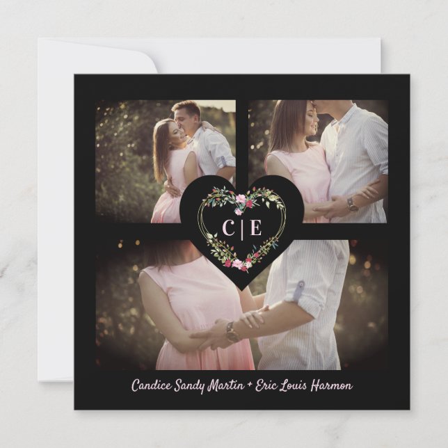 Save The Date Élégant Floral Red Heart 3 Photos Instant Engagé (Devant)