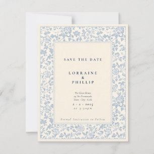 Save The Date Élégant floral vintage personnalisé bleu clair et 