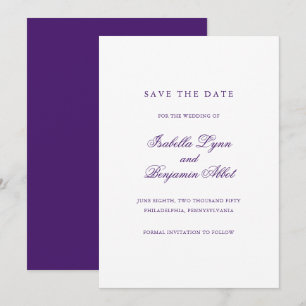 Save The Date Élégant Formal Non Photo Royal Purple Mariage