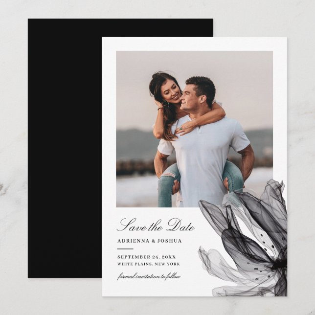 Save The Date Élégant Fumé Floral noir Mariage photo (Devant / Derrière)