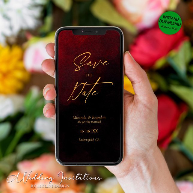 Save The Date Elegant Gold Black Red Wedding Enregistrer la cart (Créateur téléchargé)