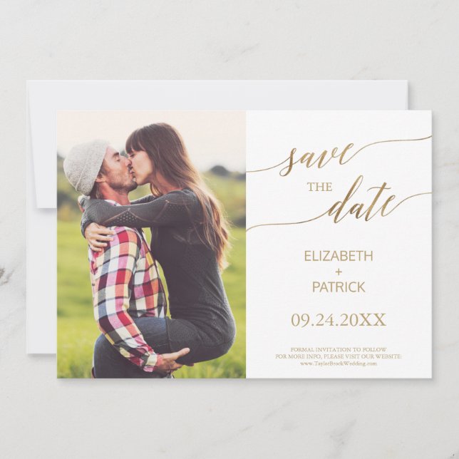 Save The Date Elégant Gold Calligraphy Photo Enregistrer la date (Devant)
