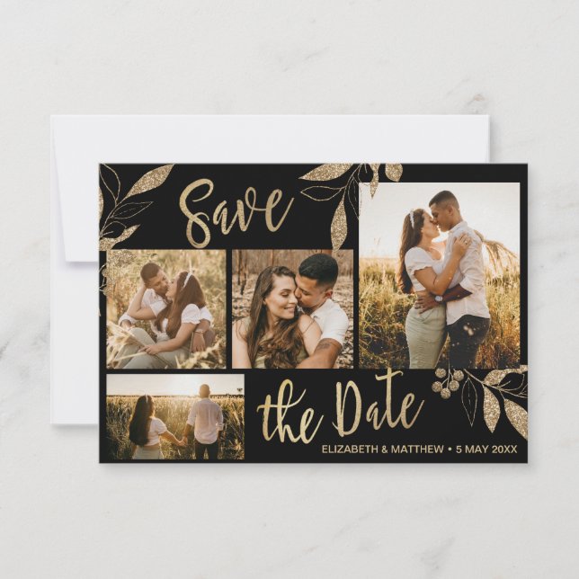 Save The Date Elégant Gold et Black Botanical Photo Collage Enre (Devant)
