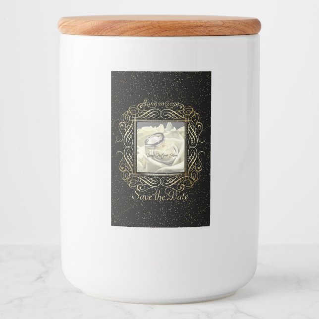 Save the Date Elegant Gold Foil Dots Script Lebensmitteletikett (Vorderseite)