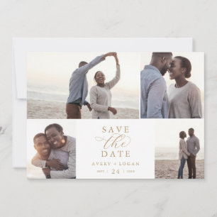 Save The Date Élégant Gold Script 4 Photo Collage Enregistrer La